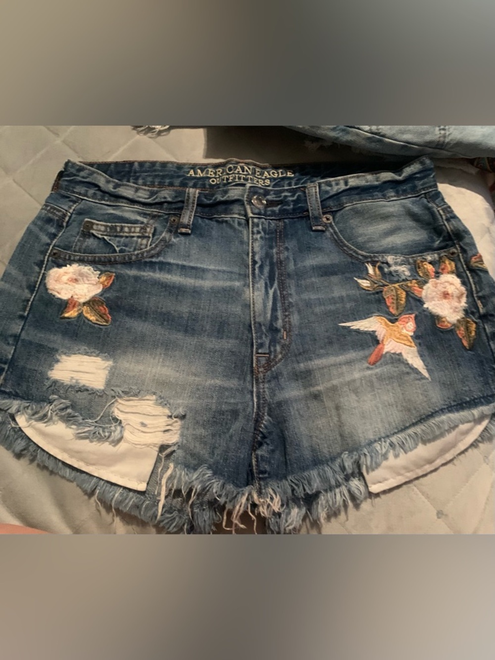 American Eagle Blue Distressed Denim Shorts with Floral Embroidery